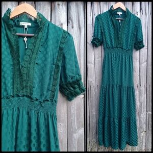 NWT Max Studio emerald green Bridgerton regency lace polka dot maxi dress XS